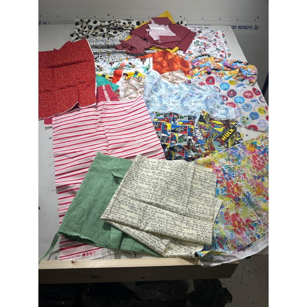 Assorted Quilting Fabric Scraps Lot Disney Marvel Sports Floral Cotton Remnants